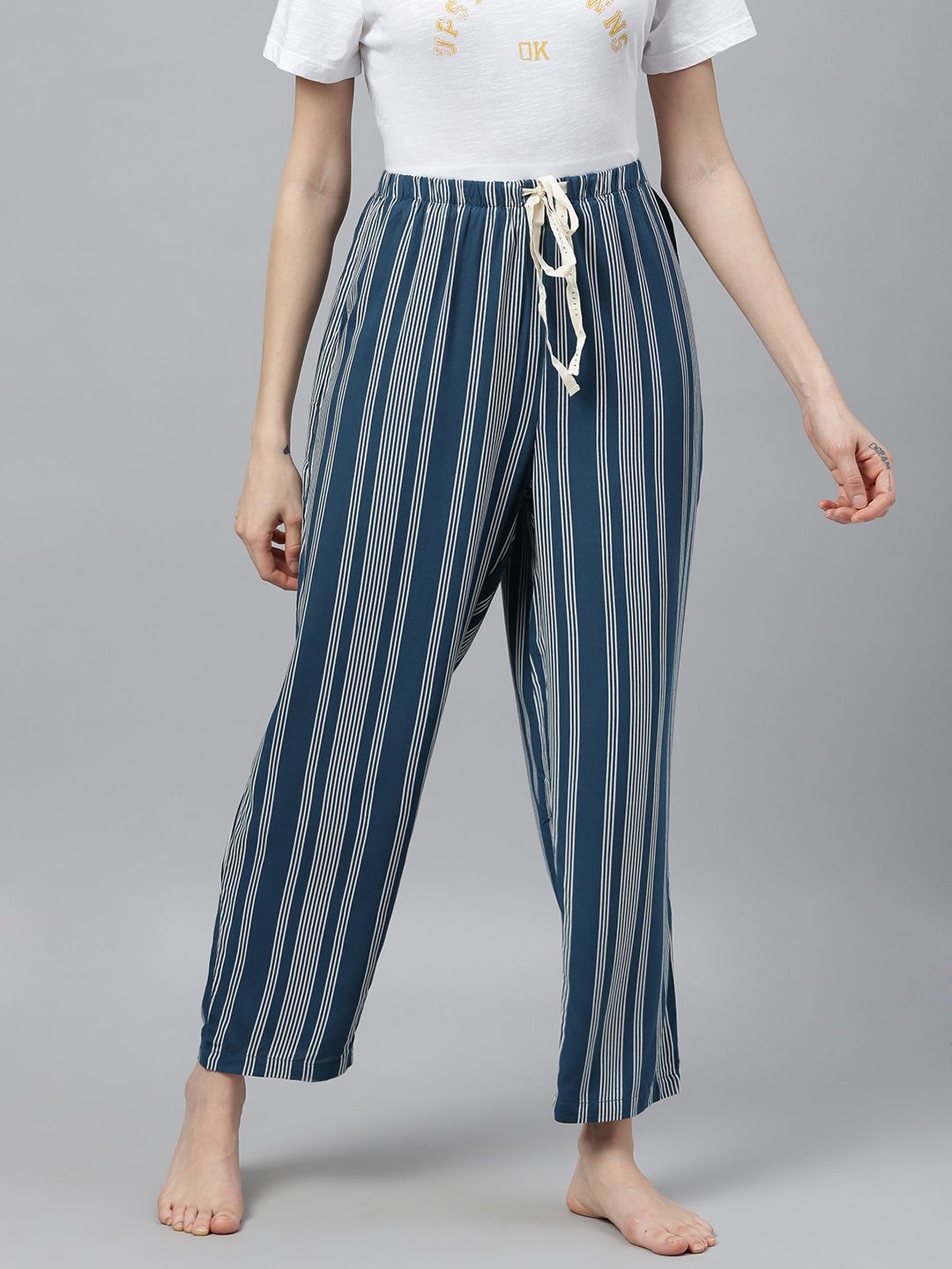 Chemistry Women Blue & White Striped Lounge Pants Price in India