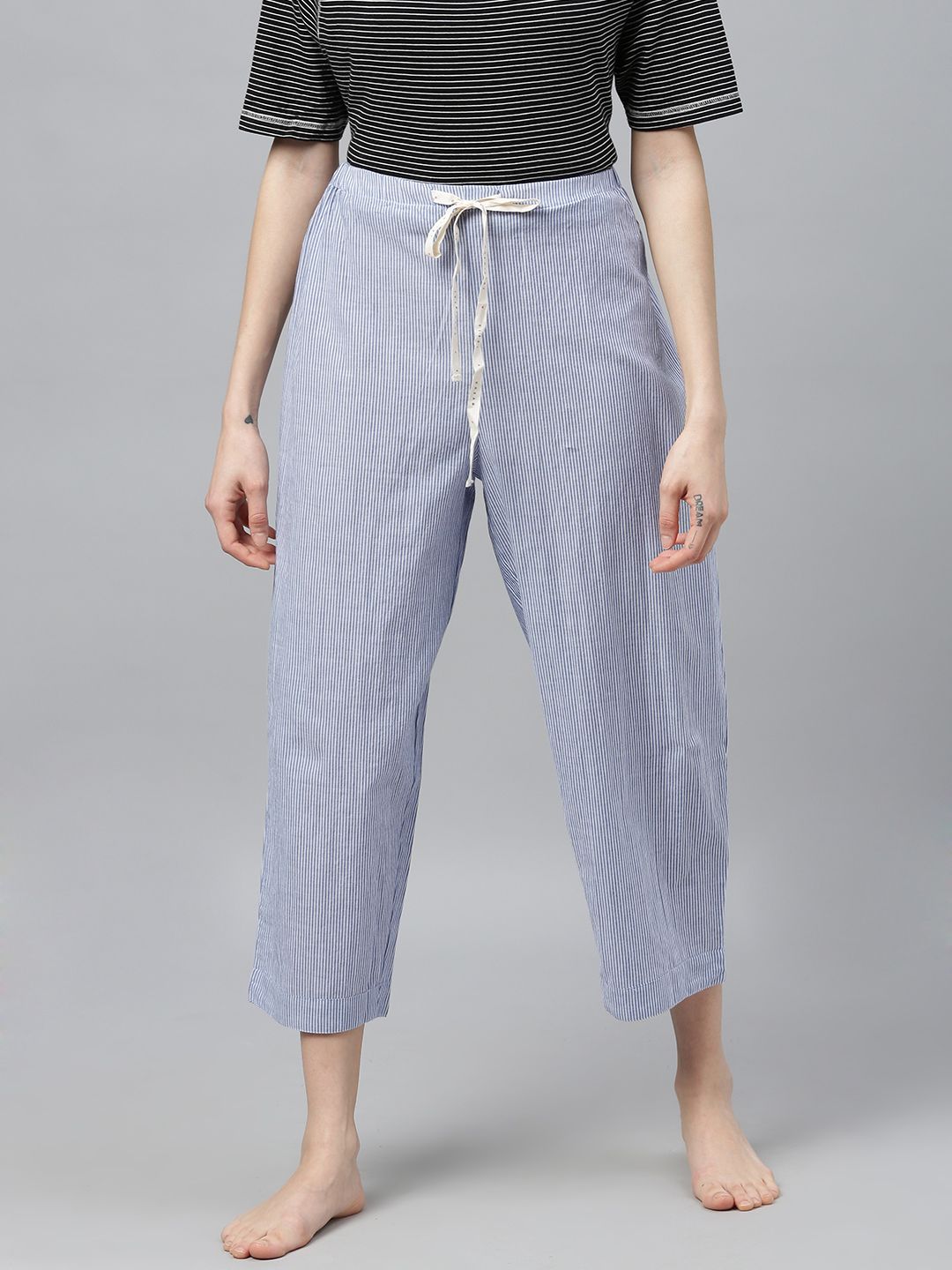 Chemistry Woman's Blue and White Striped Cropped Lounge Pants Price in India