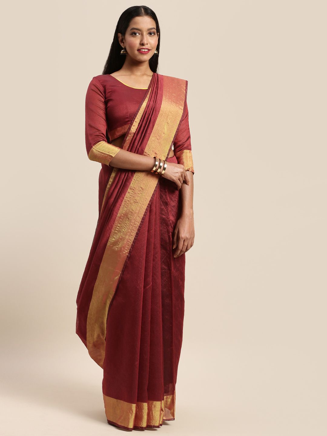 Silk Bazar Maroon & Gold-Toned Silk Cotton Dyed Saree