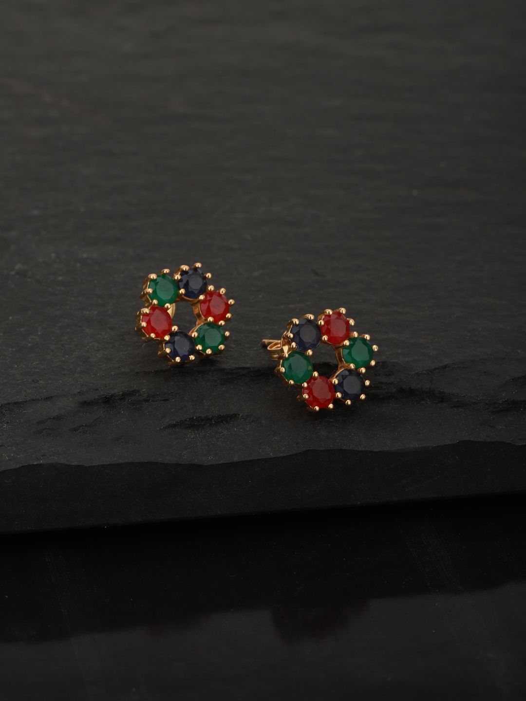 Carlton London Green & Navy Blue Gold-Plated Artificial Stone Studded Floral Studs Price in India