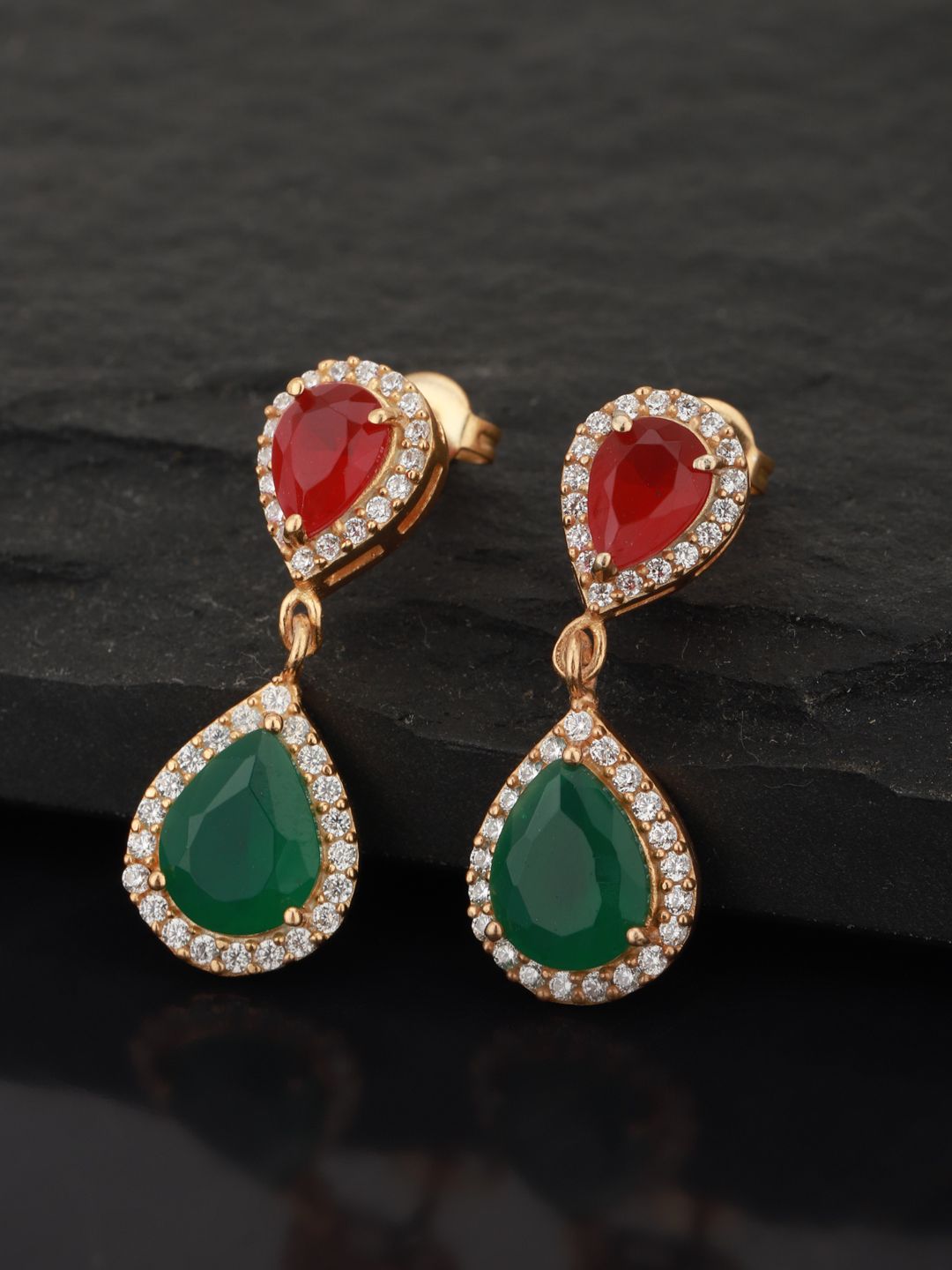 Carlton London Green & Red Gold-Plated Stone Studded Teardrop Shaped Drop Earrings Price in India