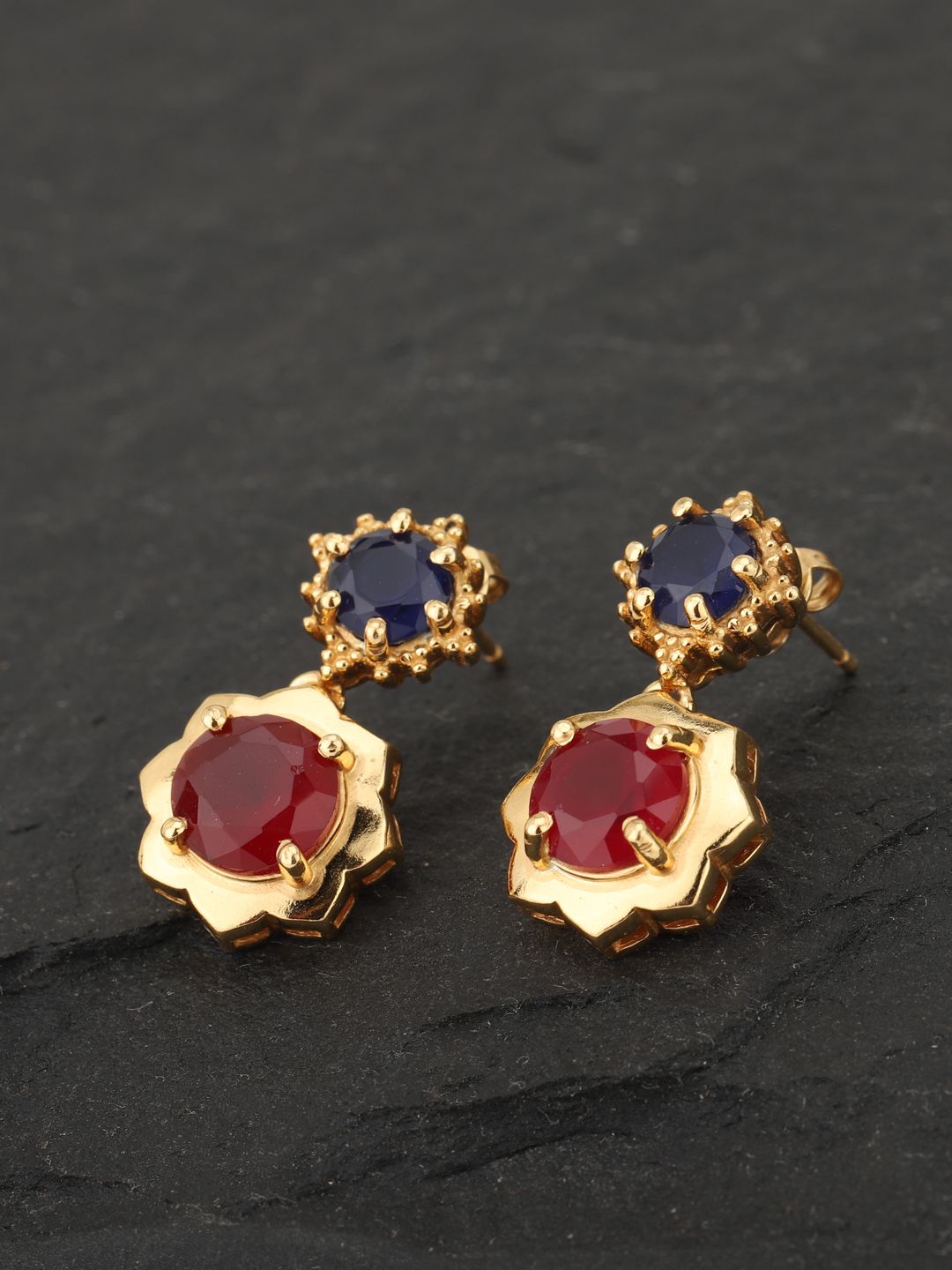 Carlton London Maroon & Navy Blue Gold-Plated Stone-Studded Floral Drop Earrings Price in India