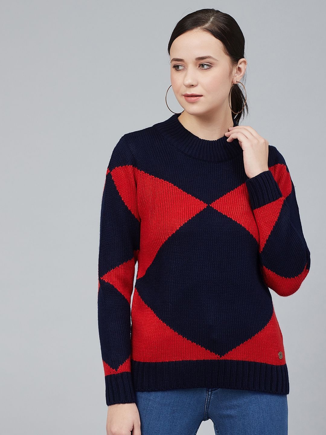 Cayman Women Navy Blue & Rust Red Colourblocked Acrylic Pullover Sweater Price in India
