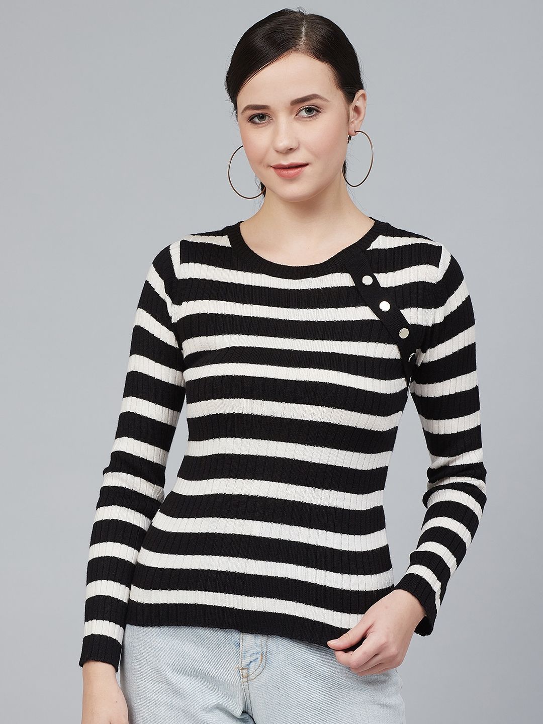 Cayman Women Black & Off-White Striped Pullover Price in India