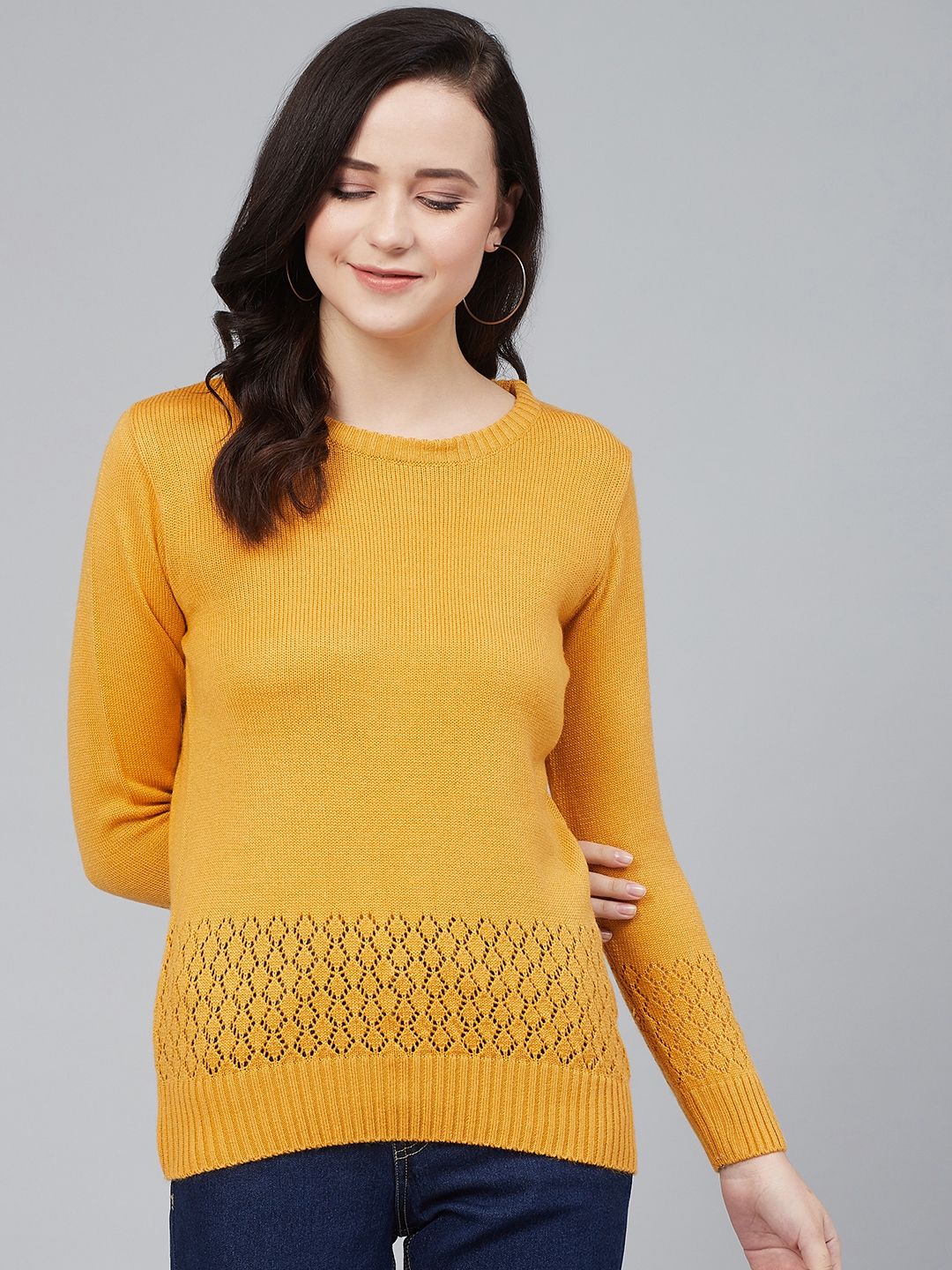 Cayman Women Mustard Yellow Solid Acrylic Pullover Price in India