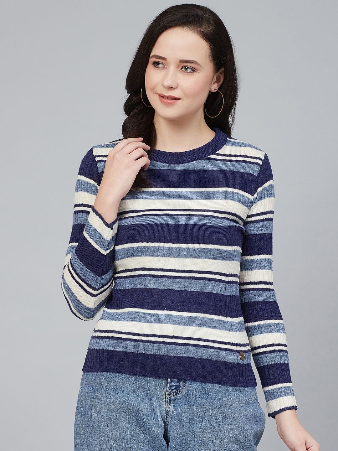 Cayman Women Blue & White Striped Acrylic Pullover Price in India