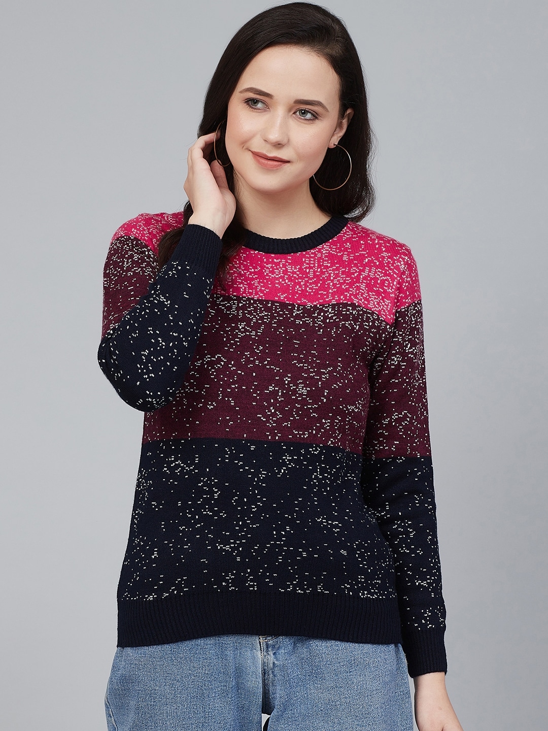 Cayman Women Navy Blue & Maroon Colourblocked Pullover Acrylic Sweater Price in India