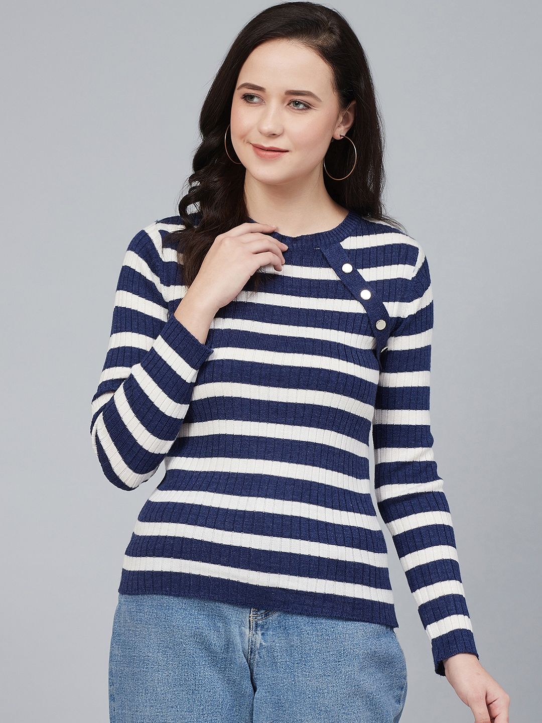 Cayman Women Navy Blue & White Striped Pullover Price in India