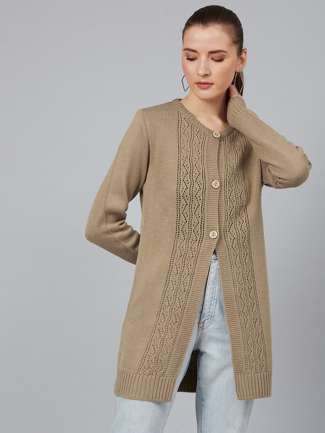 Cayman Women Beige Self Design Longline Cardigan Price in India