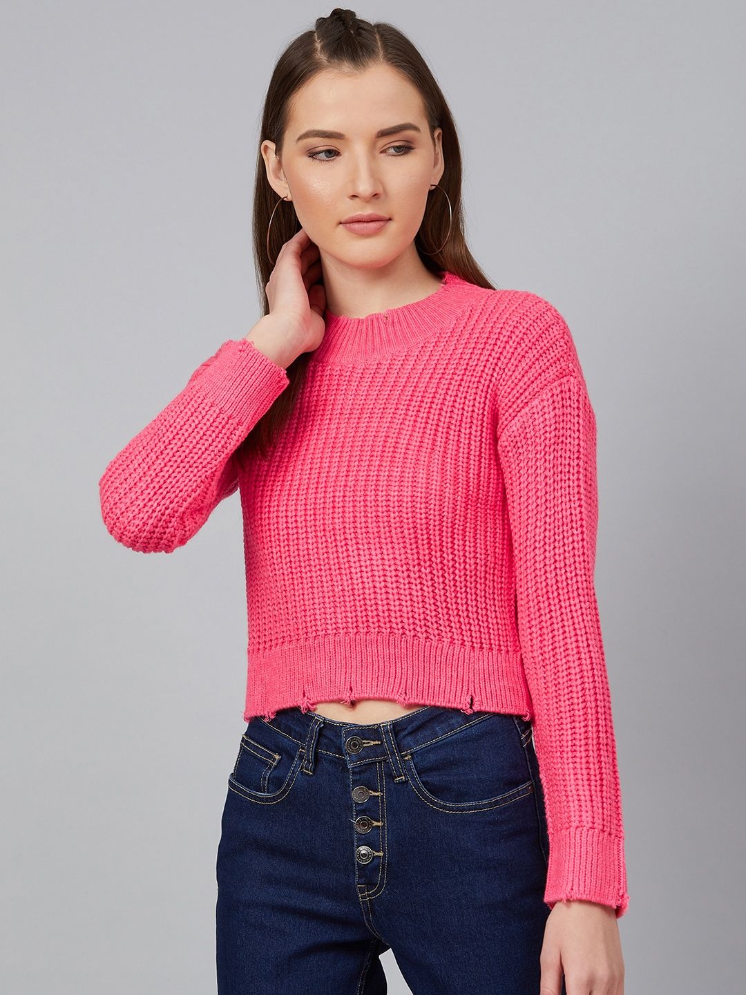Cayman Women Pink Ribbed Crop Pullover Sweater Price in India