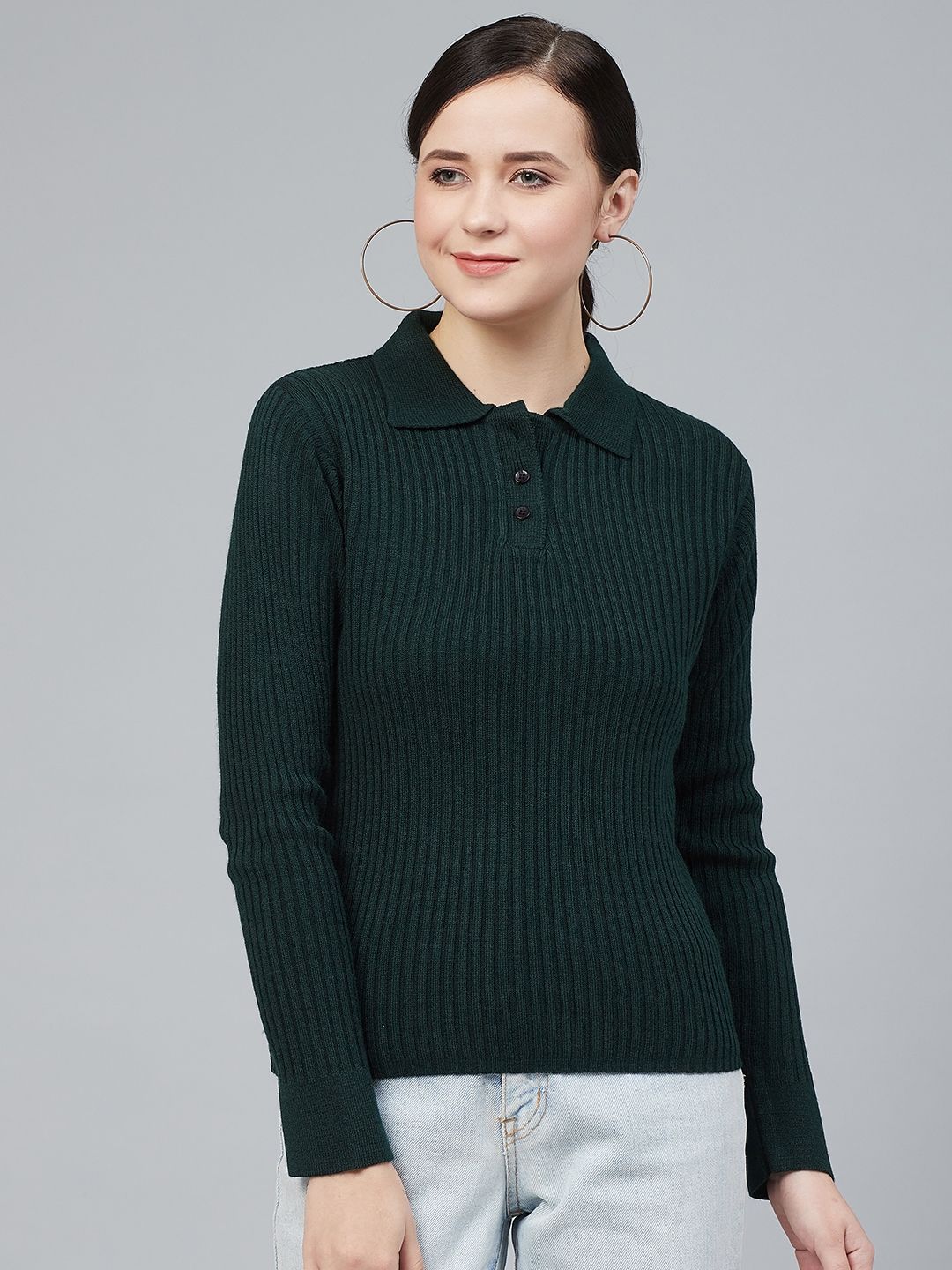 Cayman Women Green Ribbed Acrylic Pullover Sweater Price in India