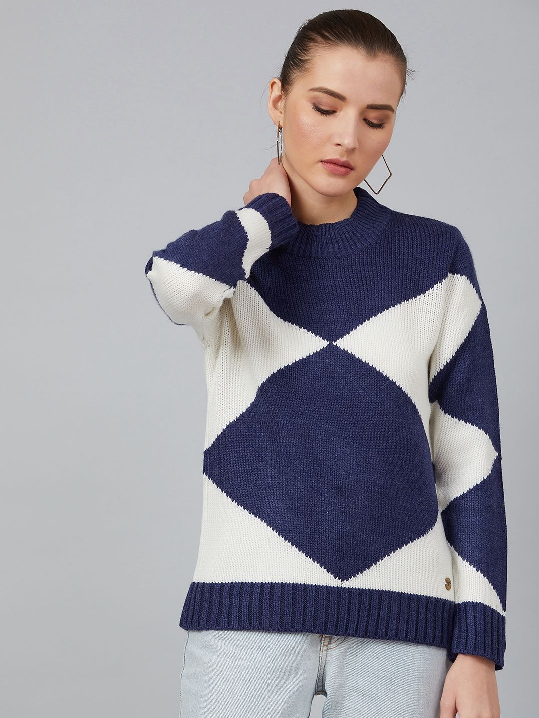 Cayman Women Navy Blue & White Printed Pullover Sweater Price in India
