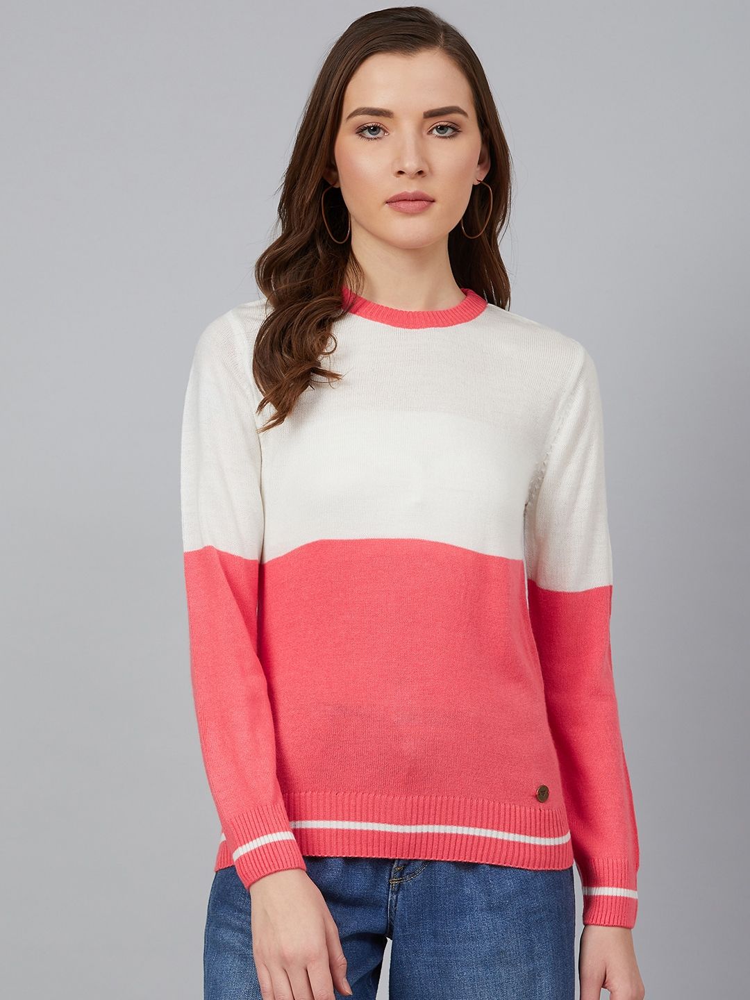 Cayman Women Coral Pink & Off-White Colourblocked Acrylic Pullover Sweater Price in India