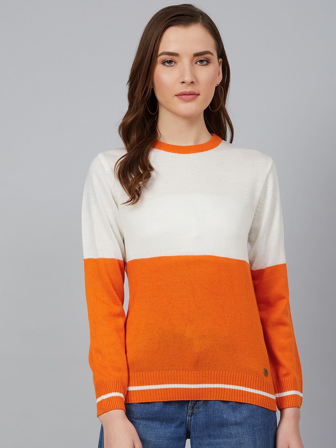 Cayman Women Orange & Off-White Colourblocked Pullover Acrylic Sweater Price in India