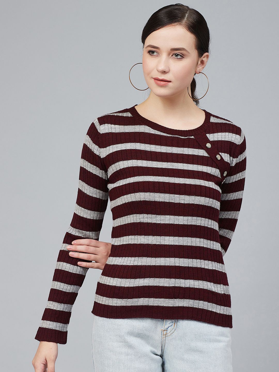 Cayman Women Burgundy & Grey Melange Striped Pullover Acrylic Sweater Price in India