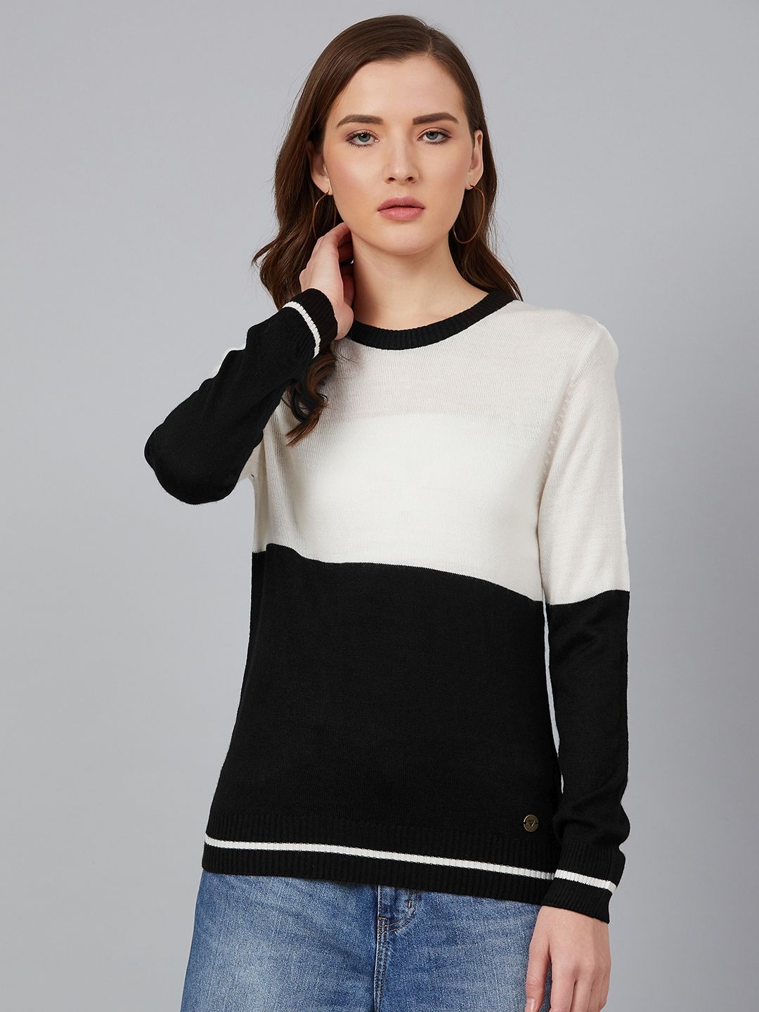 Cayman Women Black & Off-White Colourblocked Pullover Acrylic Sweater Price in India