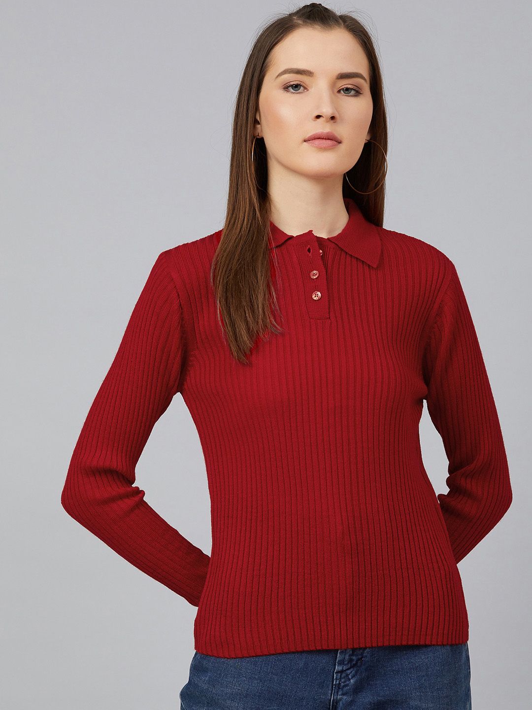 Cayman Women Maroon Ribbed Acrylic Pullover Price in India
