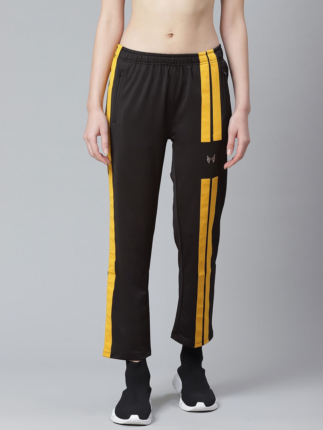 skyria Women Black & Mustard Yellow Stripped Detail Straight Fit Running Track Pants Price in India