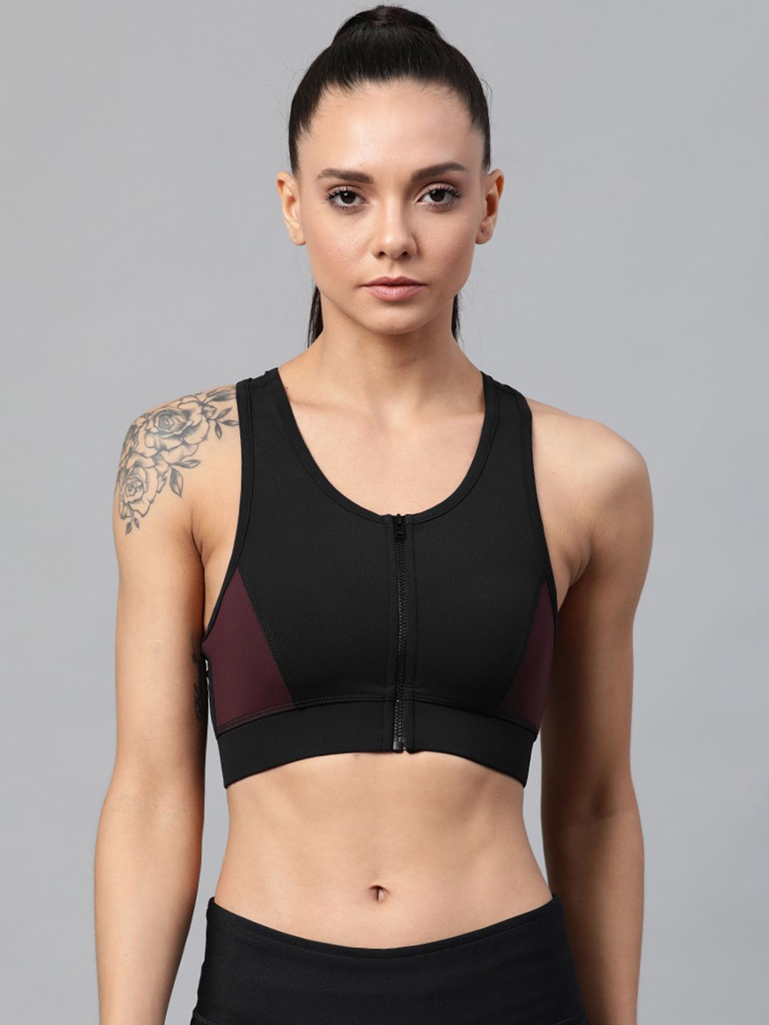 skyria Black & Burgundy Colourblocked Non-Wired Non Padded Rapid Dry Sports Bra SSU008A3XS Price in India