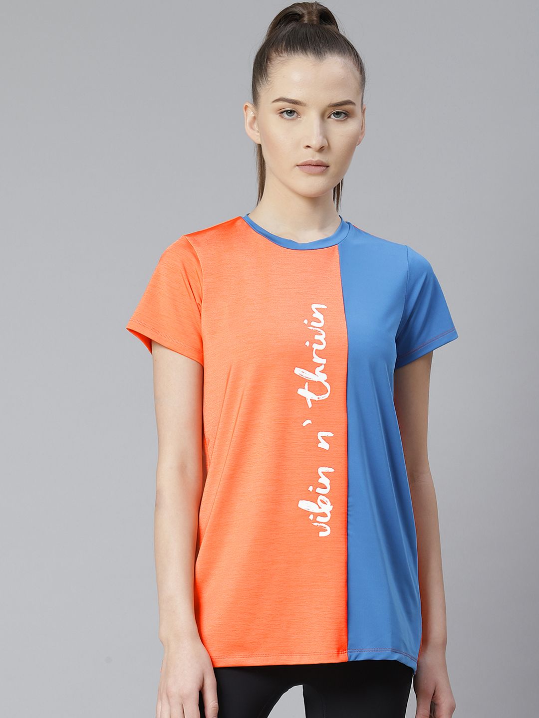 skyria Women Orange & Blue Colourblocked Round Neck T-shirt with Printed Detail Price in India