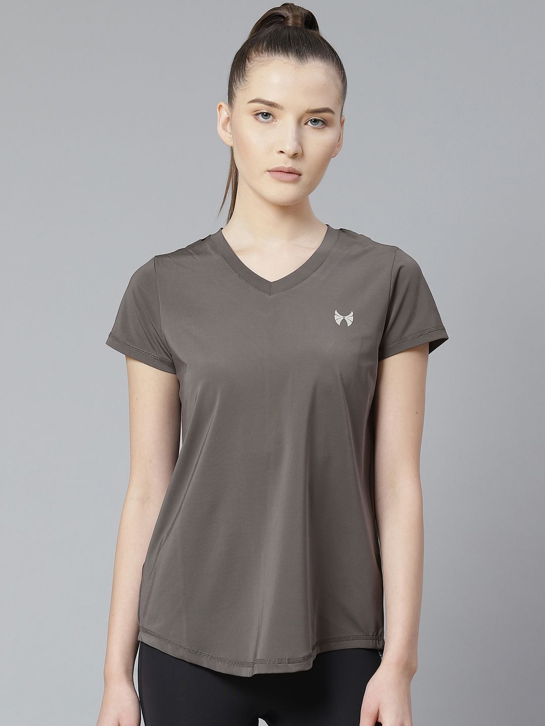 skyria Women Charcoal Grey Solid V-Neck Sports T-shirt Price in India