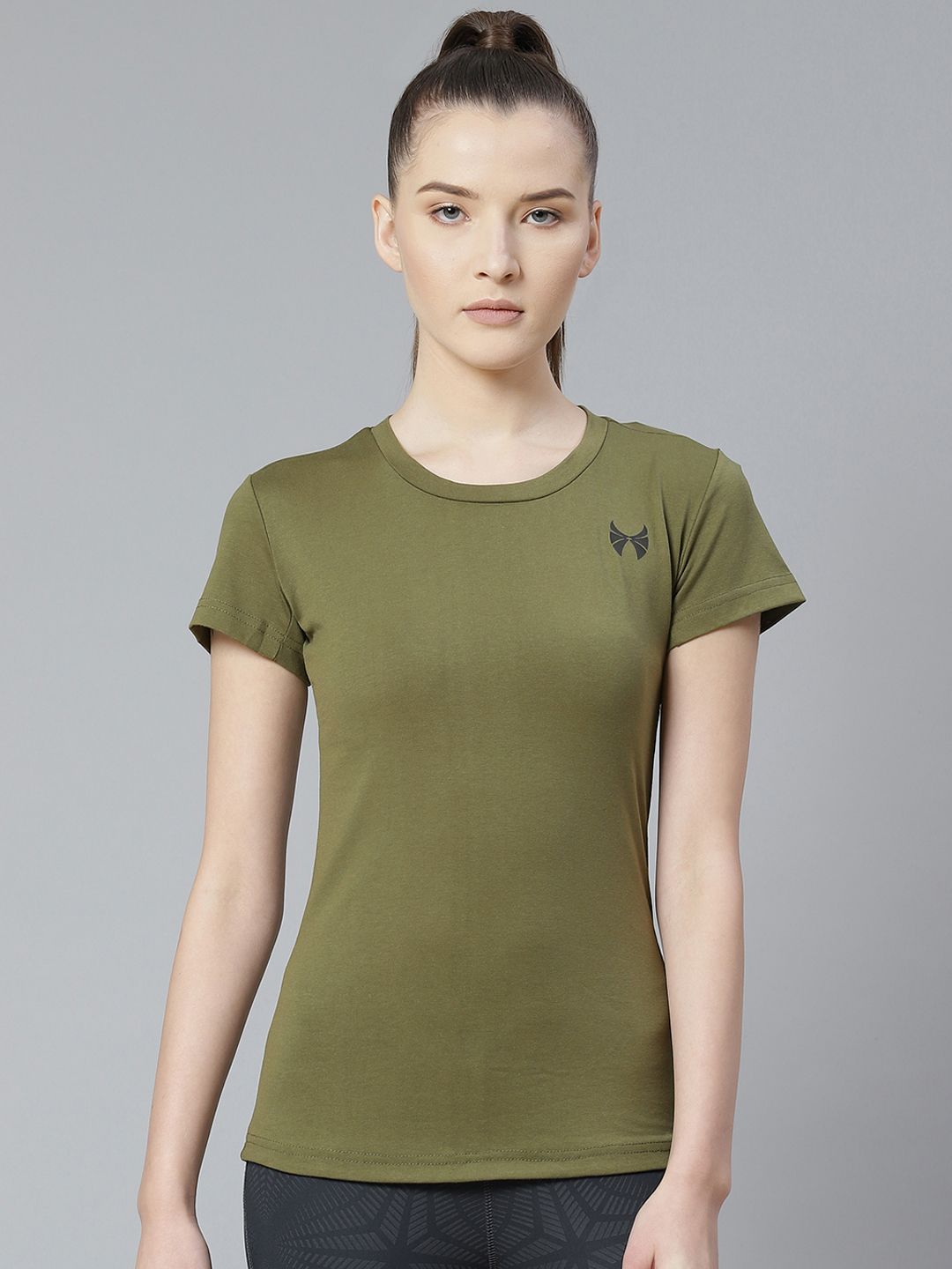 skyria Women Olive Green Solid Round Neck T-shirt Price in India