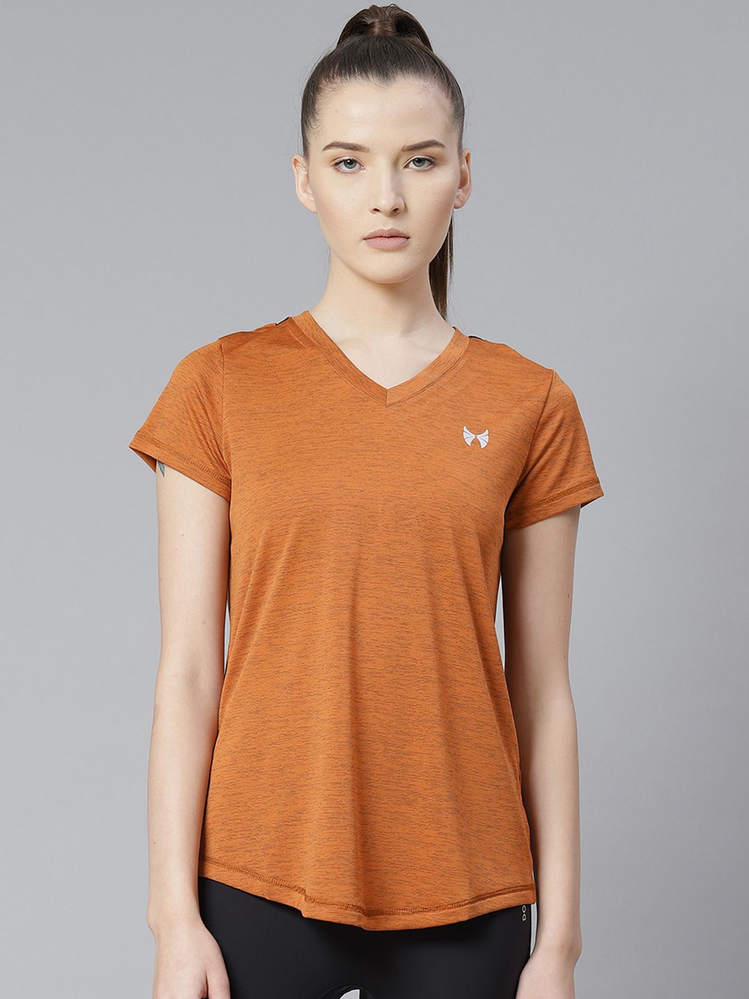 skyria Women Rust Orange Self Design V-Neck Sports T-shirt Price in India