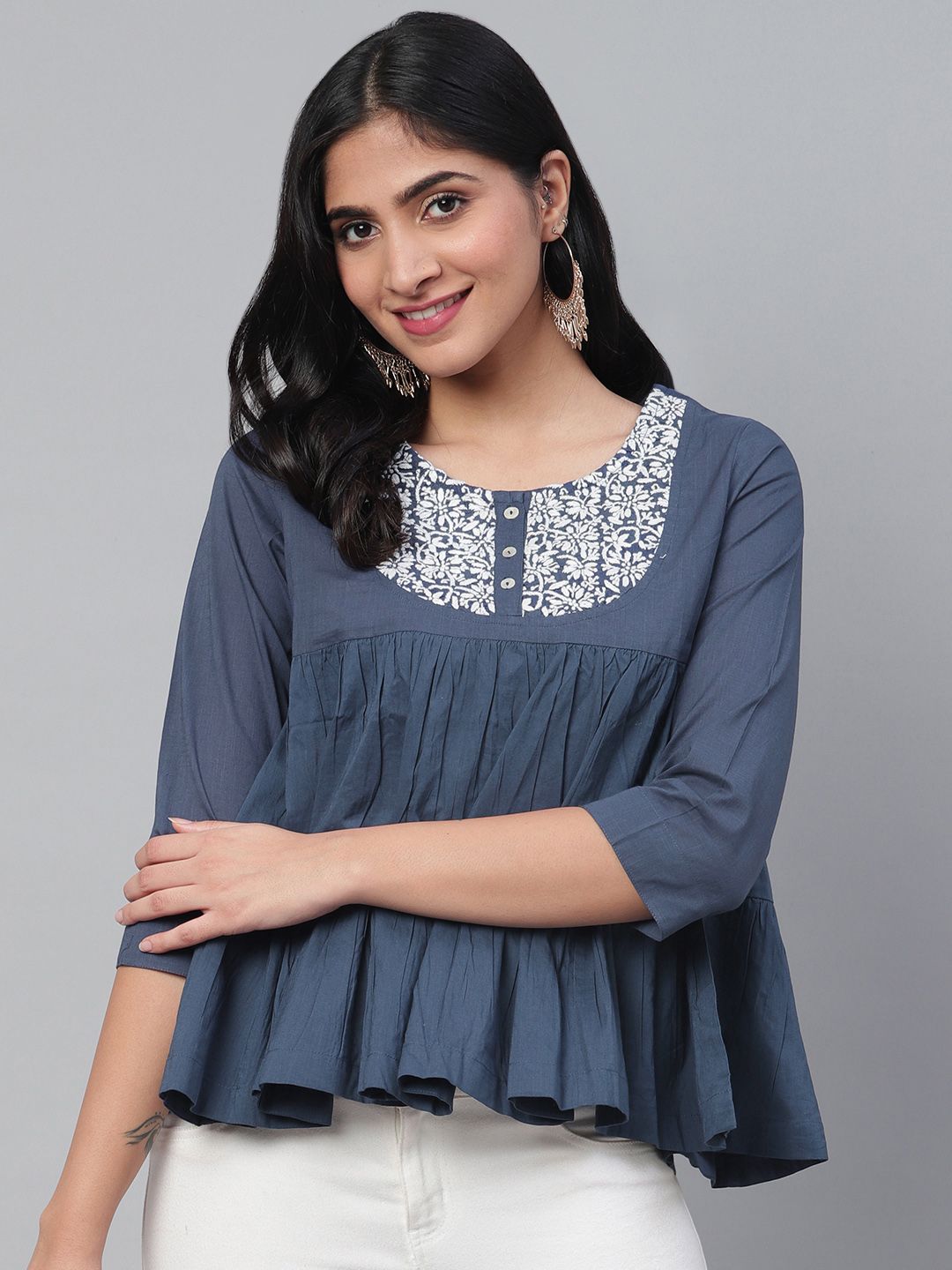 ADA Women Navy & White Chikankari Hand Embroidered Detail Sustainable A-Line Pure Cotton Top