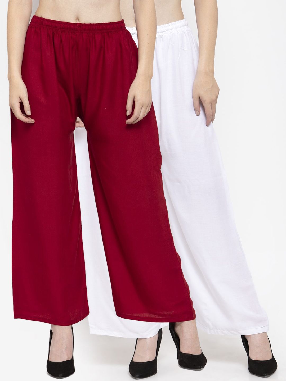 Clora Creation Women Pack Of 2 White & Maroon Solid Straight Palazzos Price in India