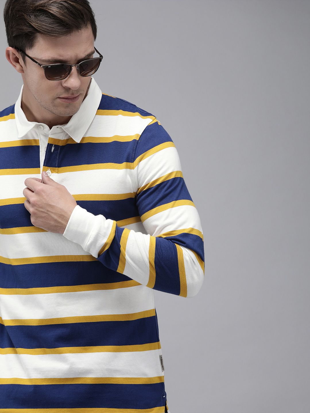 Roadster Men White Striped Polo Collar Cotton T-shirt