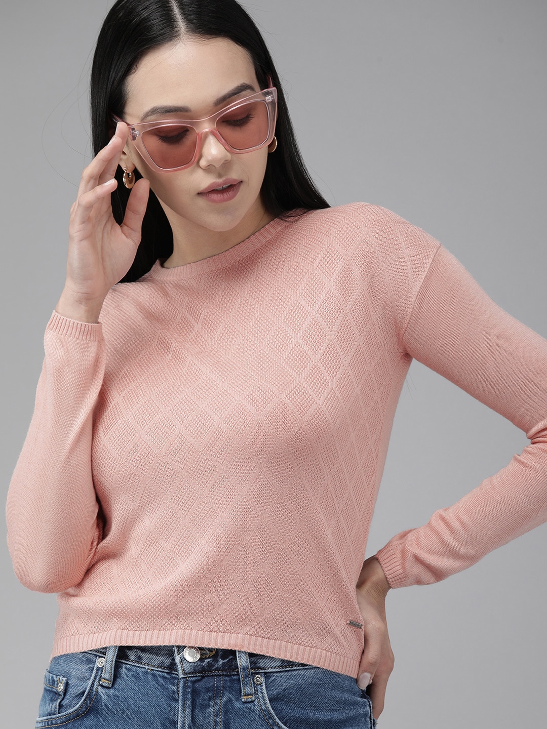 Pepe Jeans Women Pink Embroidered Round-Neck Pullover Sweater Price in India