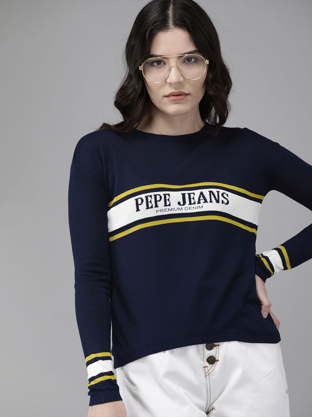 Pepe Jeans Women Navy Blue Typography Printed Round-Neck Pullover Sweater Price in India
