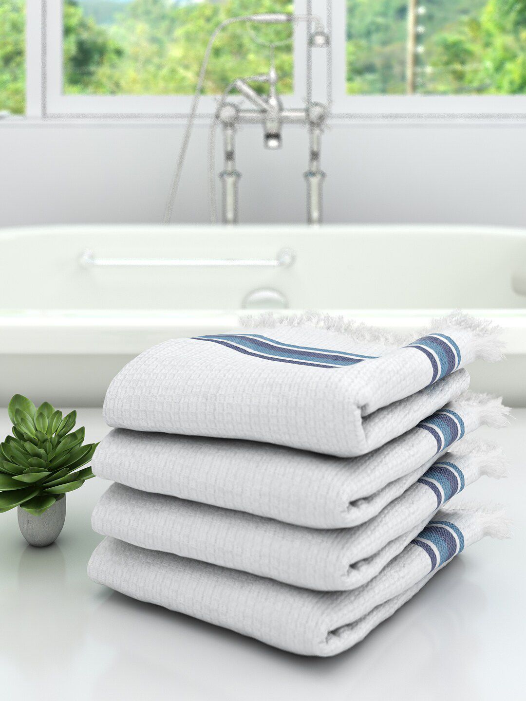 Athom Trendz Set Of 4 White & Blue Striped 210 GSM Premium Bath Towels Price in India