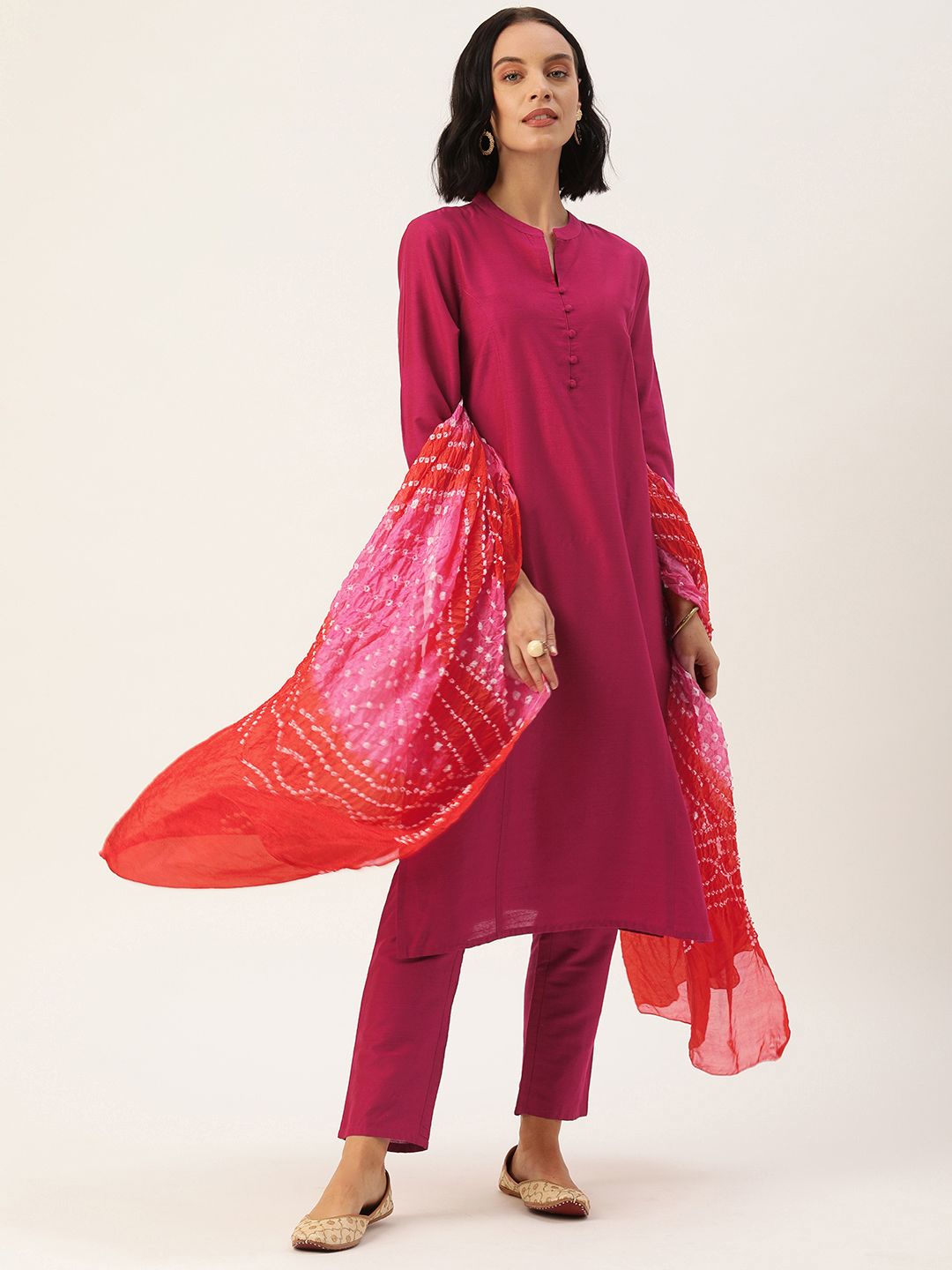 House of Pataudi Women Pink Solid Kurta with Trousers & Bandhani Dupatta Price in India