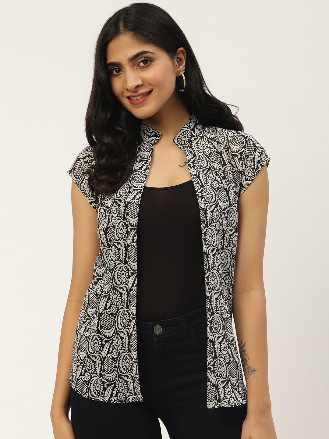 Cottinfab Women White & Black Printed Open Front Shrug Price in India