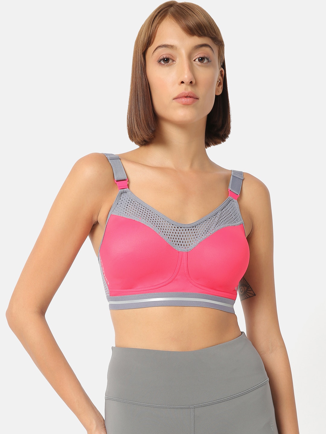 Cultsport Pink & Grey Solid Non-Wired Lightly Padded Sports Bra AW19WS1233D Price in India