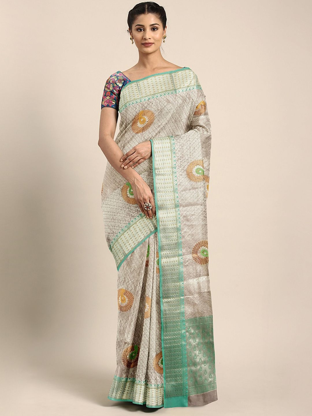 Pothys Cream-Coloured & Gold-Toned Tissue Woven Design Saree