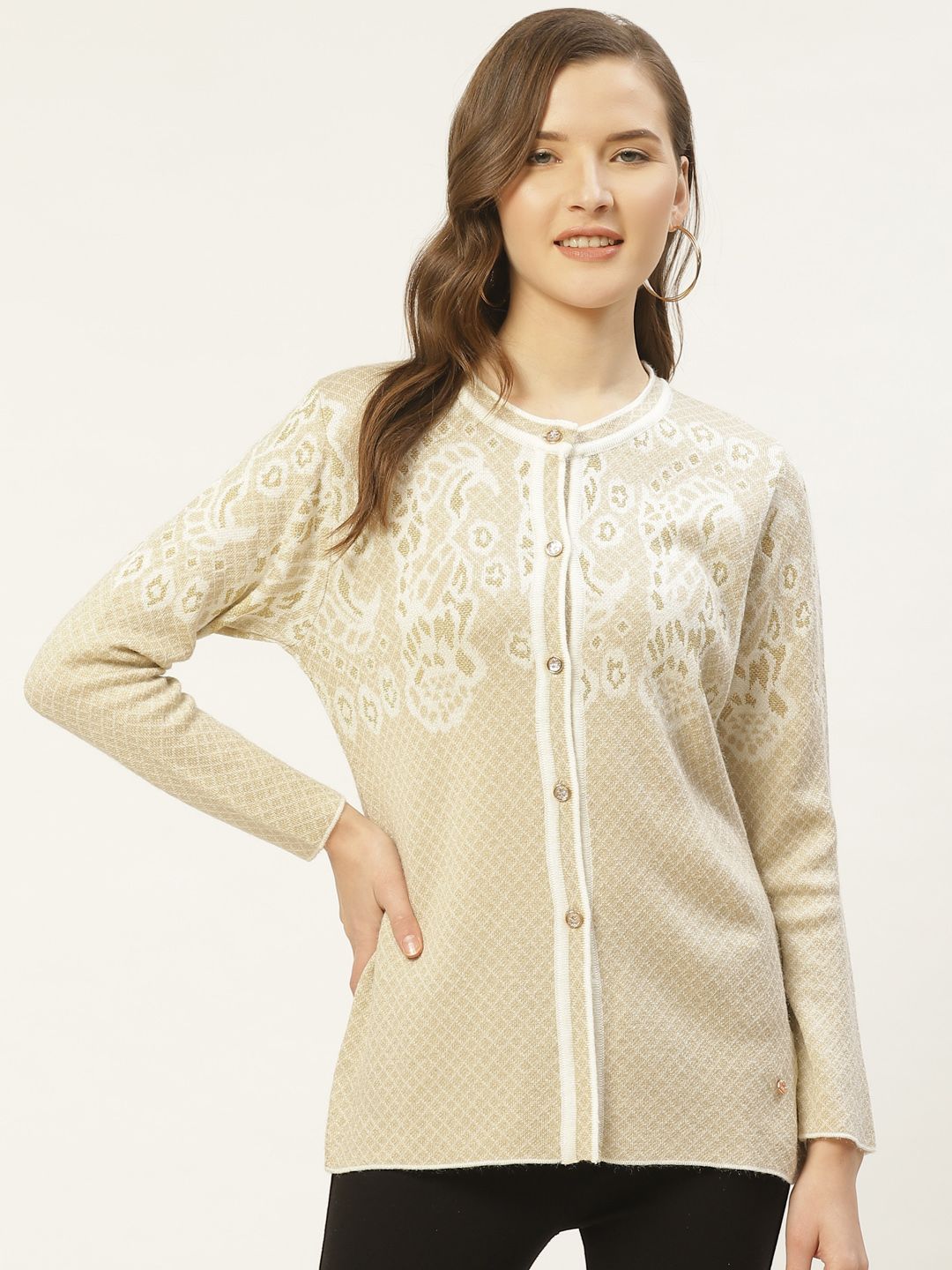 Duke Women Beige & White Self Design Cardigan Price in India