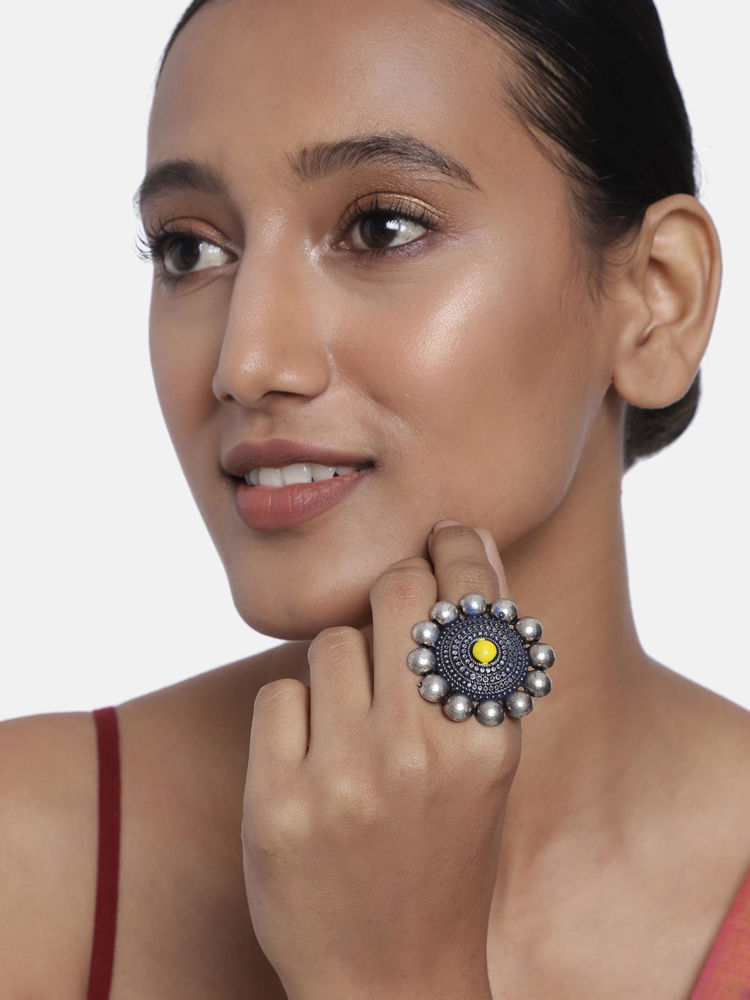 Anouk Silver-Plated Yellow Oxidized Round Shaped Adjustable Finger Ring Price in India