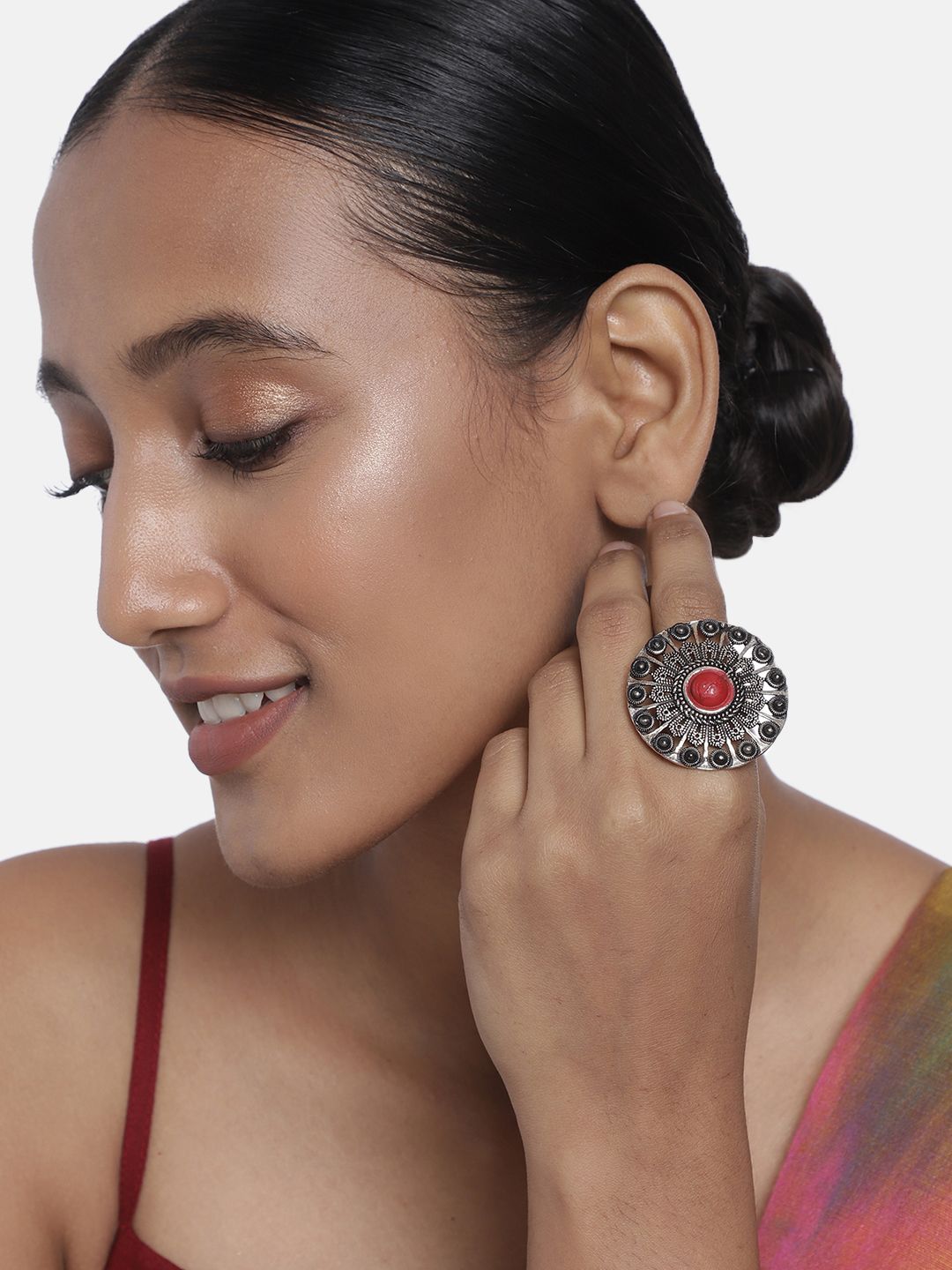 Anouk Oxidized Silver-Plated & Red Meenakari Adjustable Finger Ring Price in India