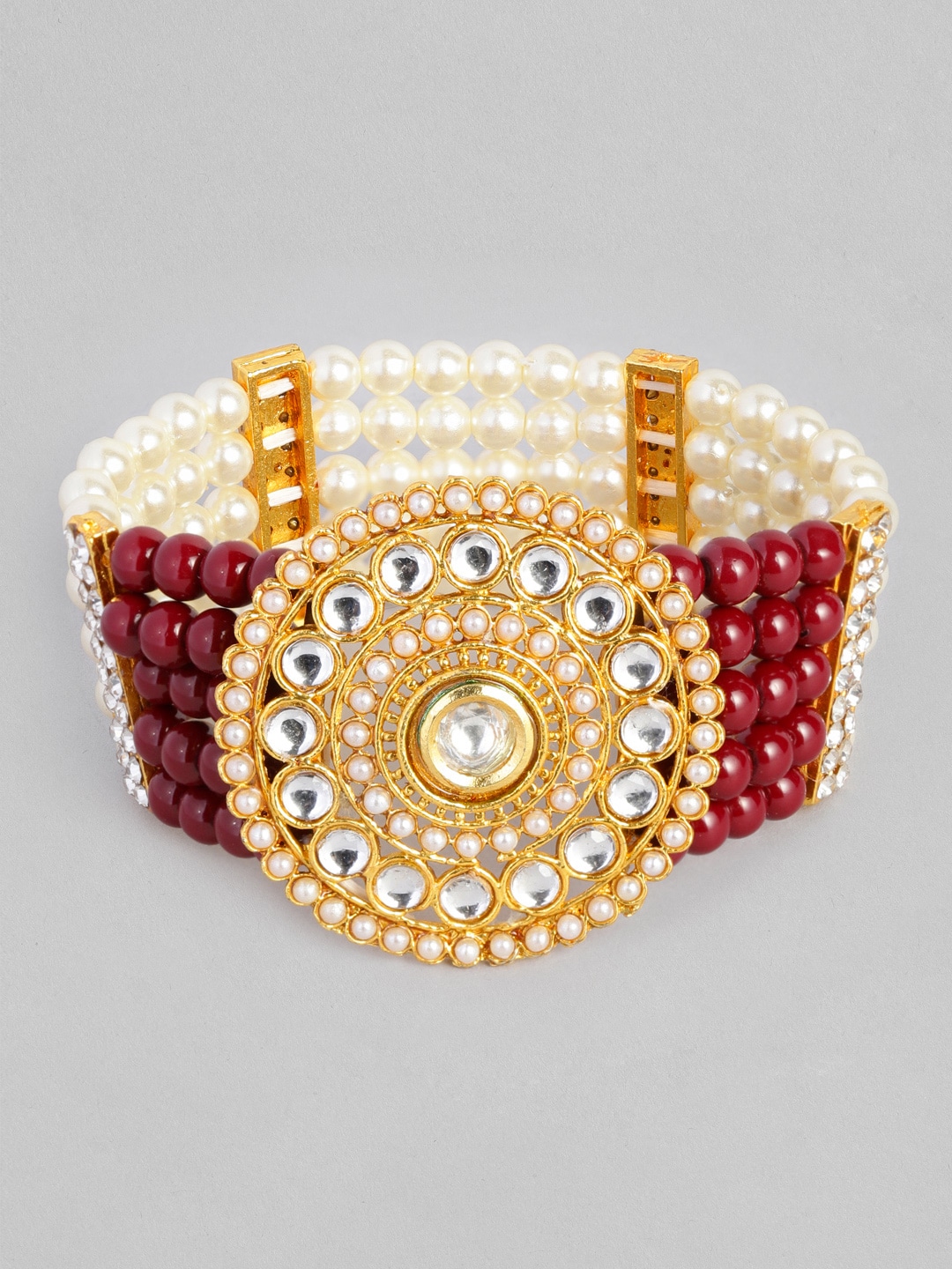 Anouk White & Maroon Gold-Plated Kundan Handcrafted Elasticated Bracelet Price in India