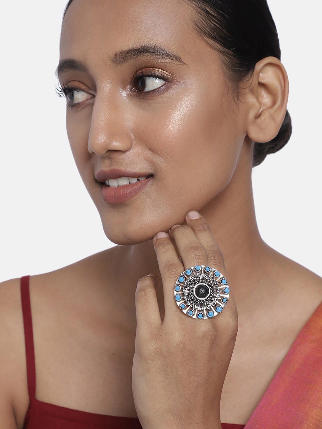 Anouk Women Oxidized  Silver-Plated & Blue Circular Adjustable Finger Ring Price in India
