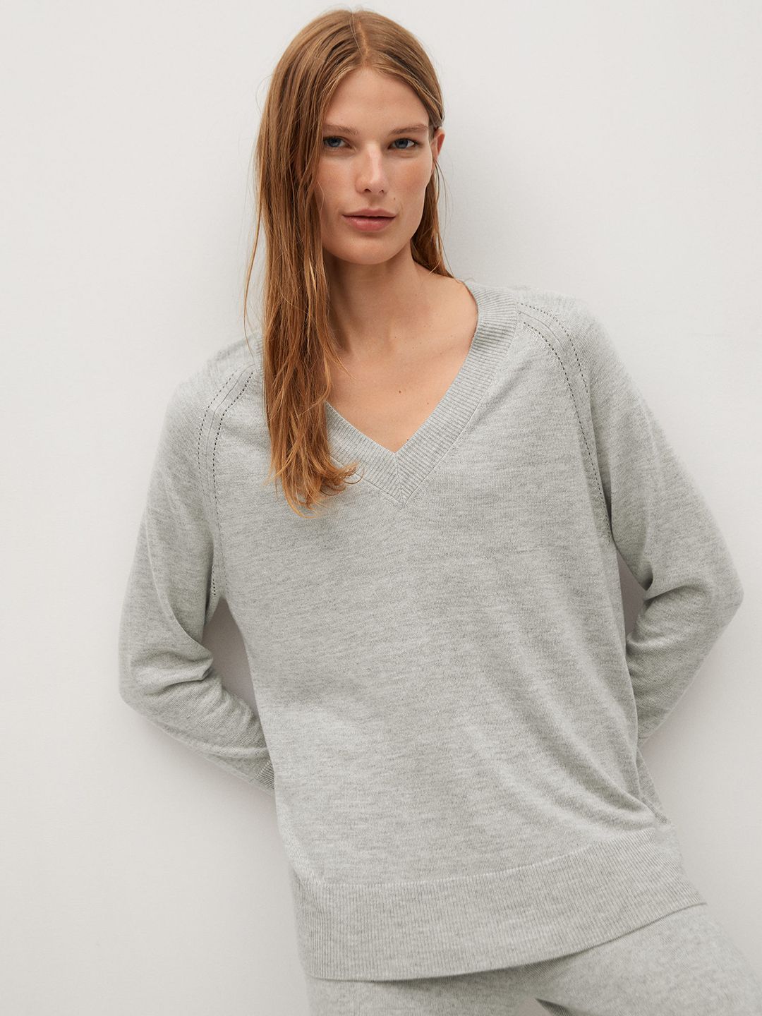 MANGO Women Grey Melange Solid Oversize Pullover Sweater Price in India