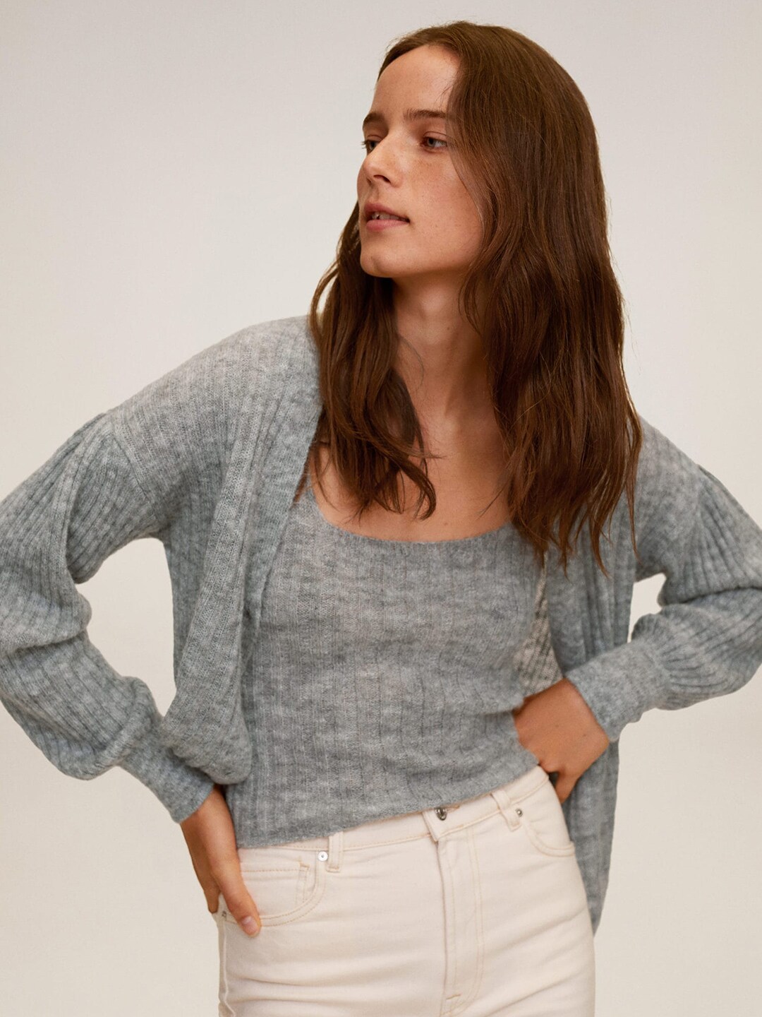 MANGO Women Grey Melange Ribbed Cardigan Sweater Price in India