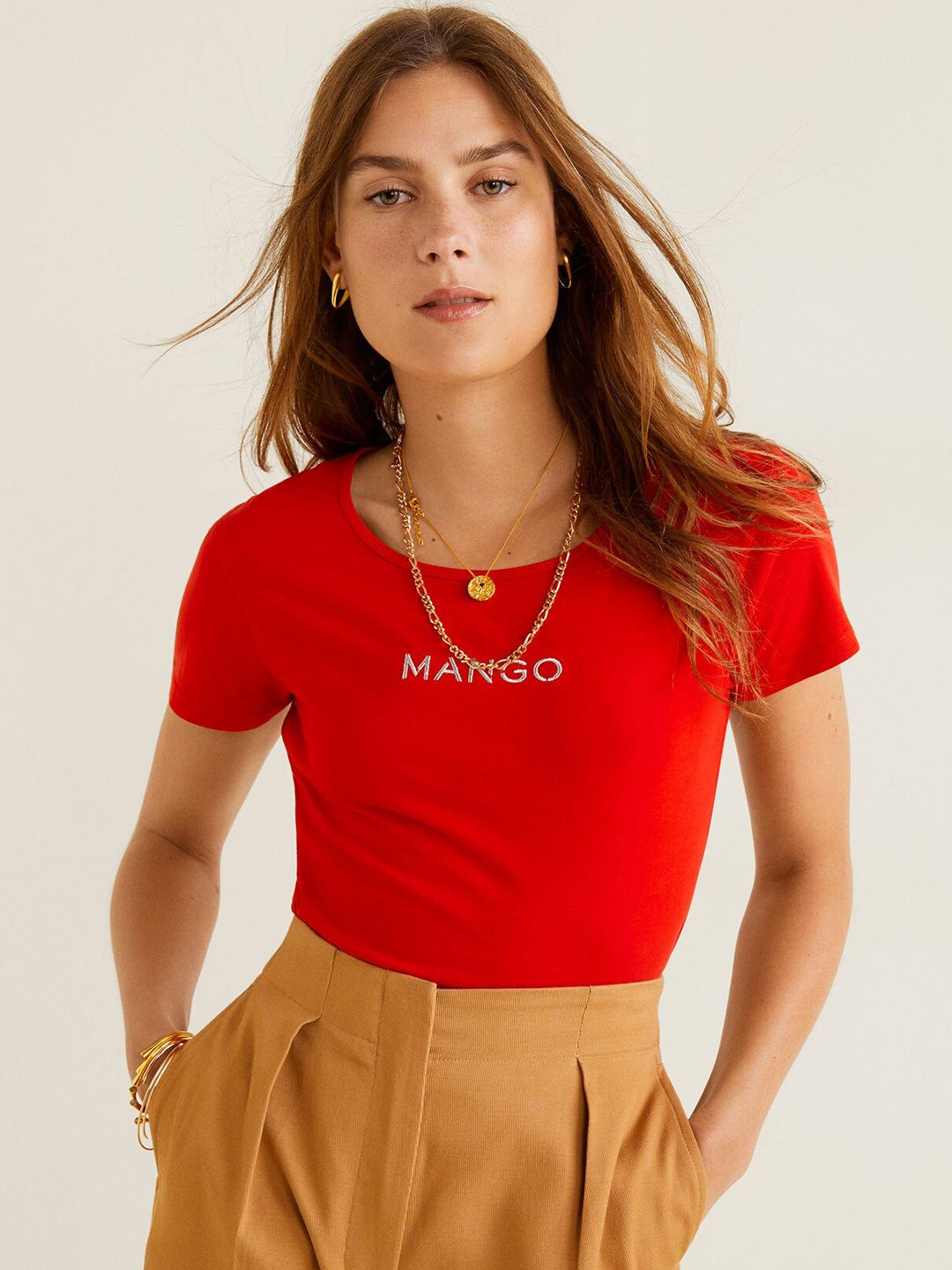 MANGO Women Red Solid Round Neck T-shirt