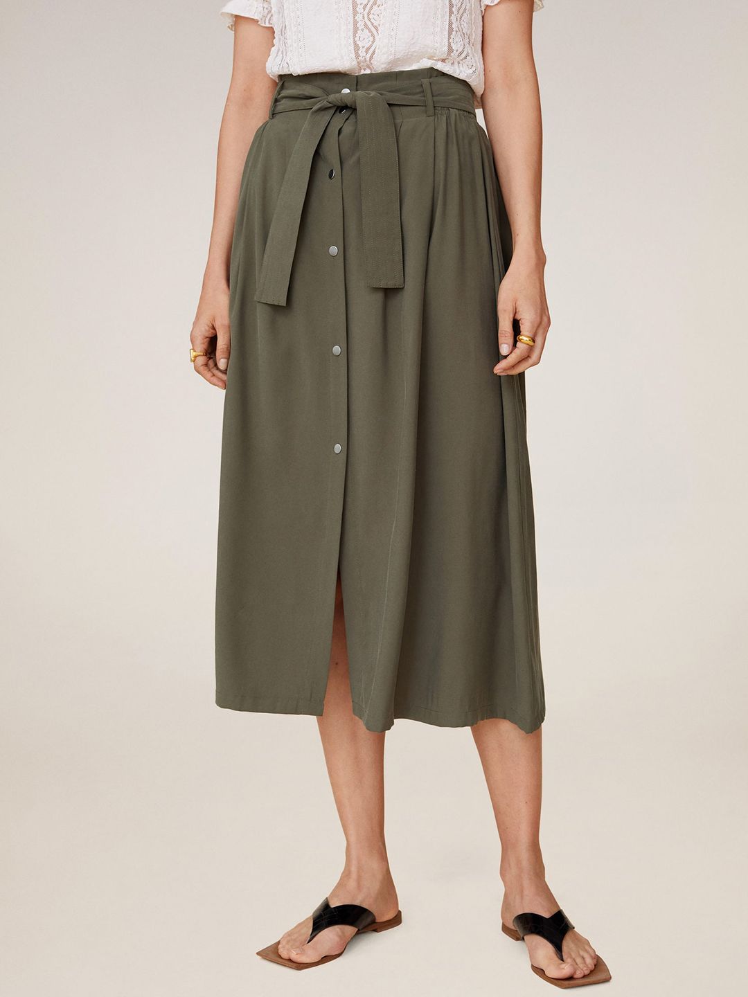 MANGO Women Olive Green Solid A-Line Skirt