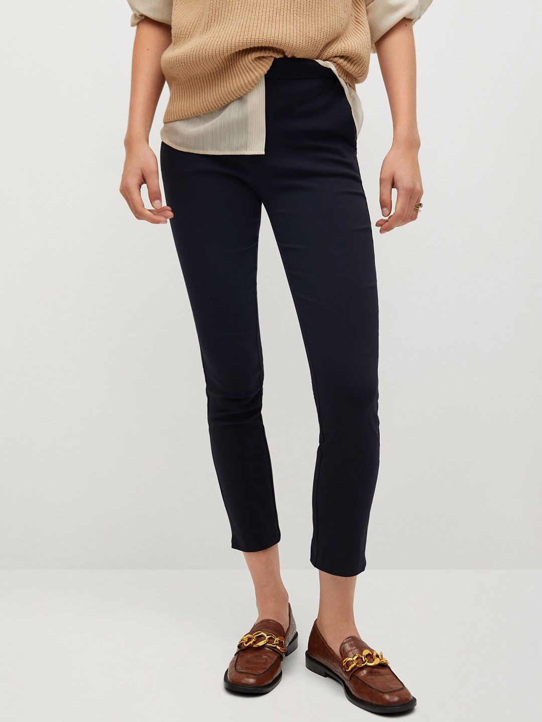 MANGO Women Navy Blue Sustainable Skinny Fit Solid Trousers