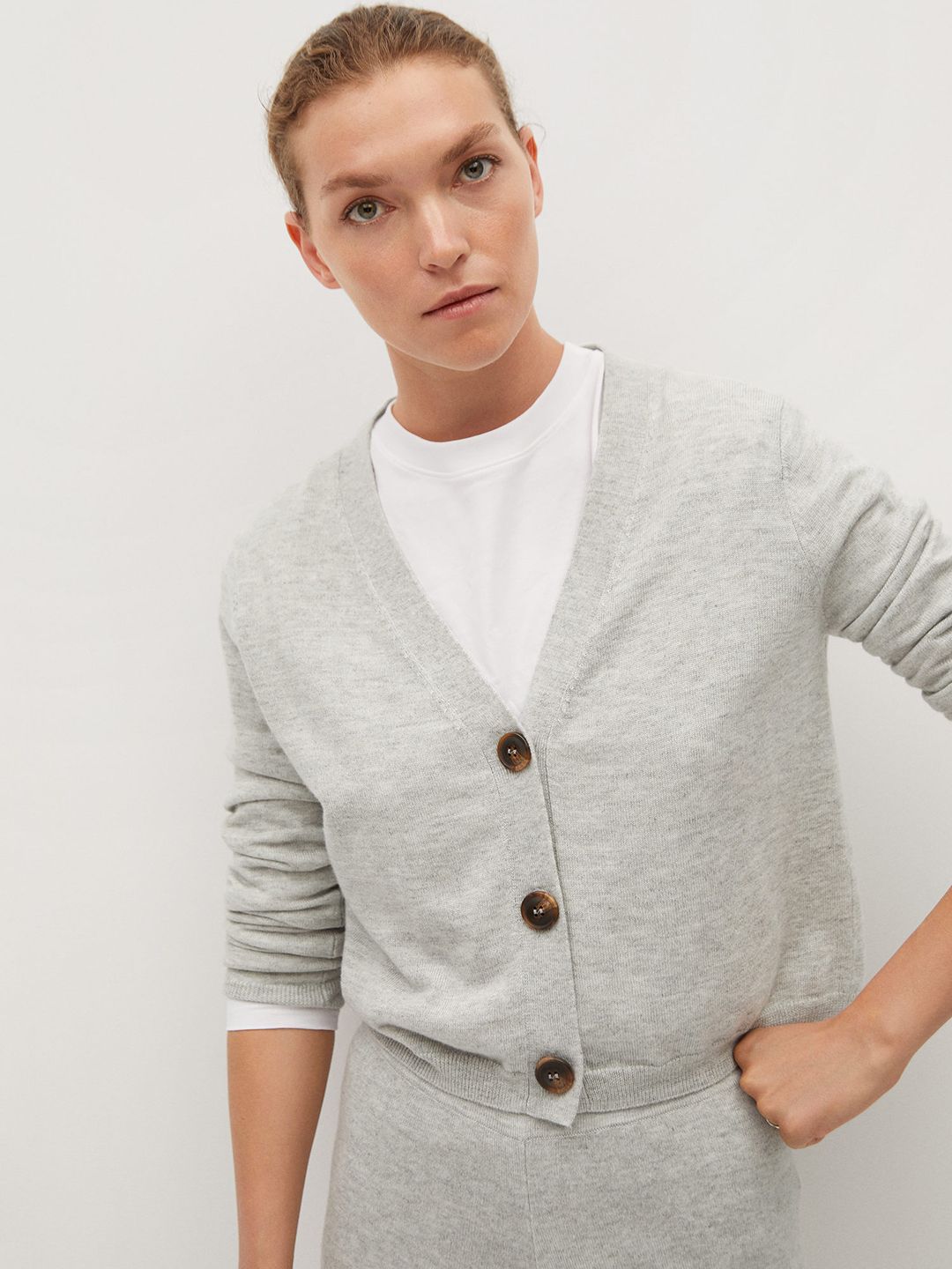 MANGO Women Grey Melange Solid Cardigan Sweater Price in India