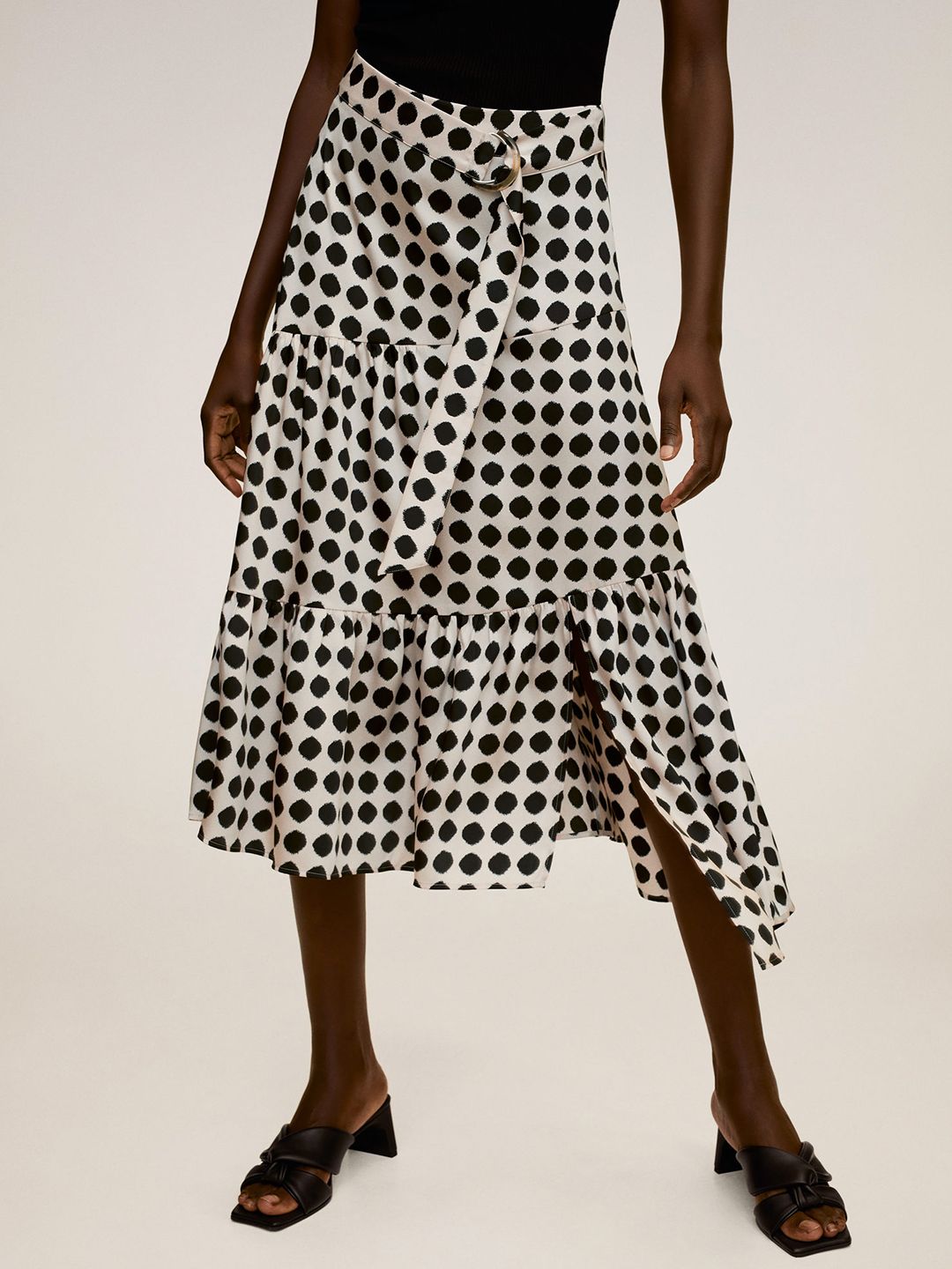 MANGO Women White & Black Satin Finish Printed A-Line Skirt