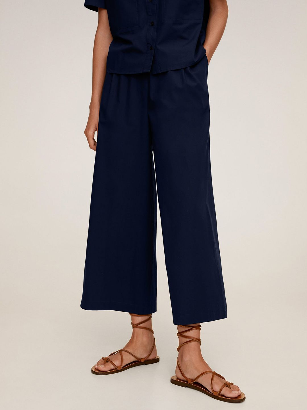 MANGO Women Navy Blue Regular Fit Solid Cropped Parallel Trousers